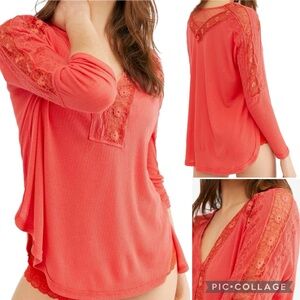 NEW! Free People Lola Ribbed Knit Lace Detail Long Sleeve Top in Rose Crimson